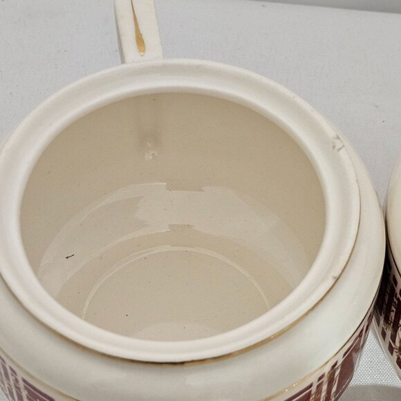 Homer Laughlin Piccadilly Creamer Sugar Stacking Set vtg red plaid gold floral - Picture 7 of 11